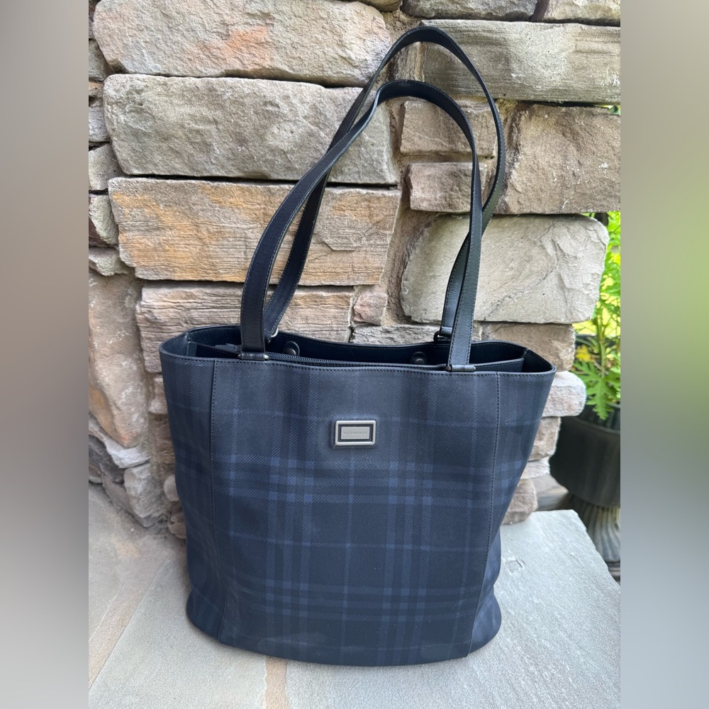 Burberry Blue & Black Plaid Tote Bag W/ Removable Pouch